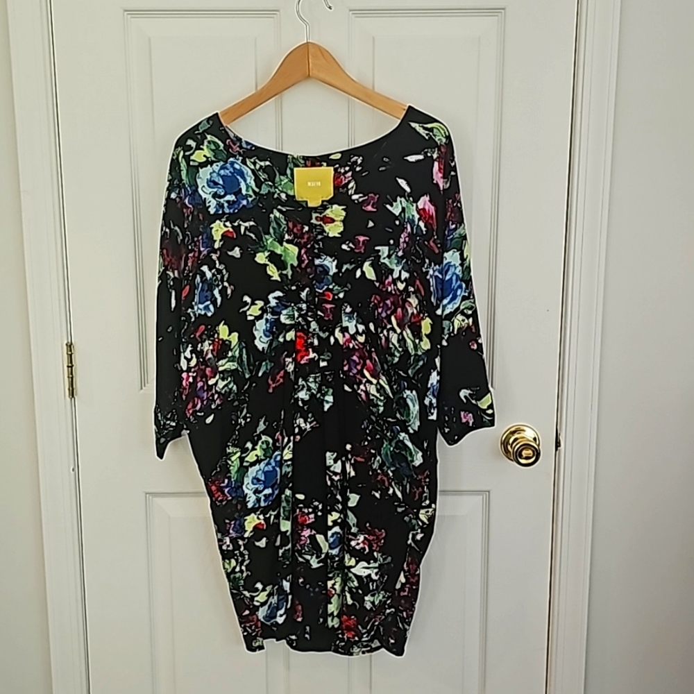 Anthropologie Maeve Petal Pallett Black Floral Wing Sleeve Crepe Dress. Extra Sm